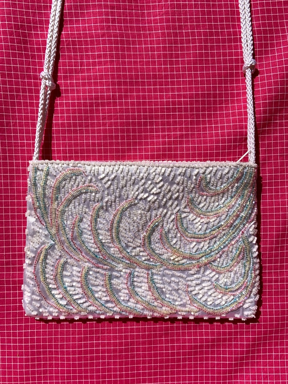 Vintage 80s Rainbow White Beaded Crossbody Purse - Picture 3 of 6